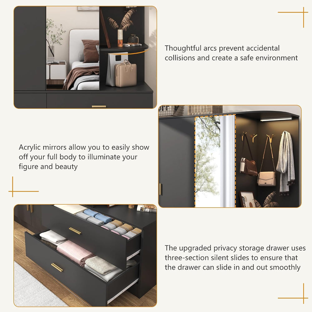 XVD Armoire Wardrobe Closet with Mirror & Sensor Light, Bedroom Armoire w...