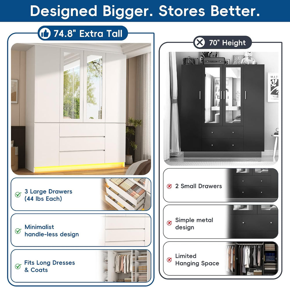 75" Tall Modern Wardrobe Closet with 2 Mirrors,LED Lights, 63"W Arm...
