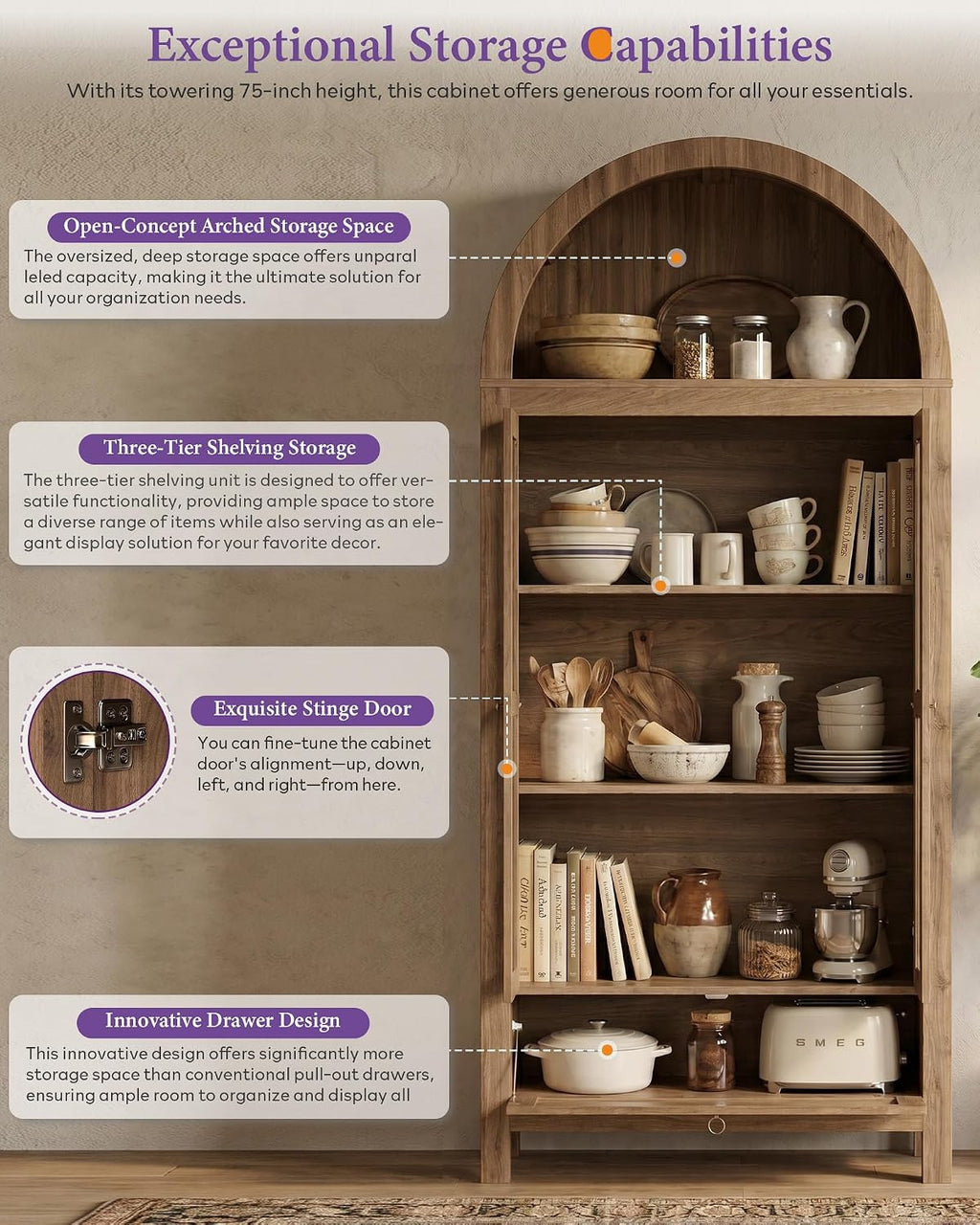 TYBOATLE 71'' Arched Pantry Cabinet with Glass Door for Kitchen Dining Room