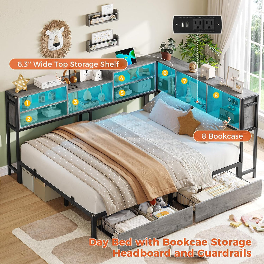 Corner Full Bed Frame with Bookcase Storage,2 Drawers & Led Lights,Oak Gray