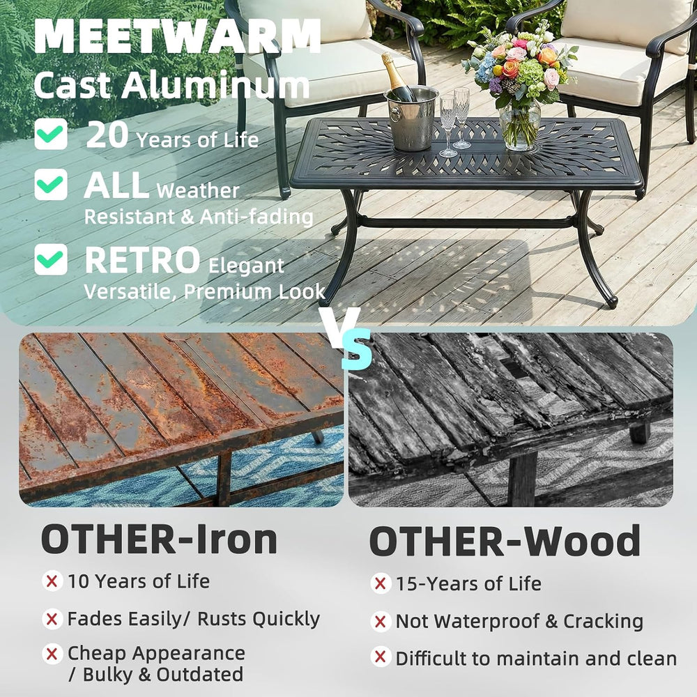 MEETWARM Outdoor Coffee Table, All-Weather Cast Aluminum 42" Rectangle P...