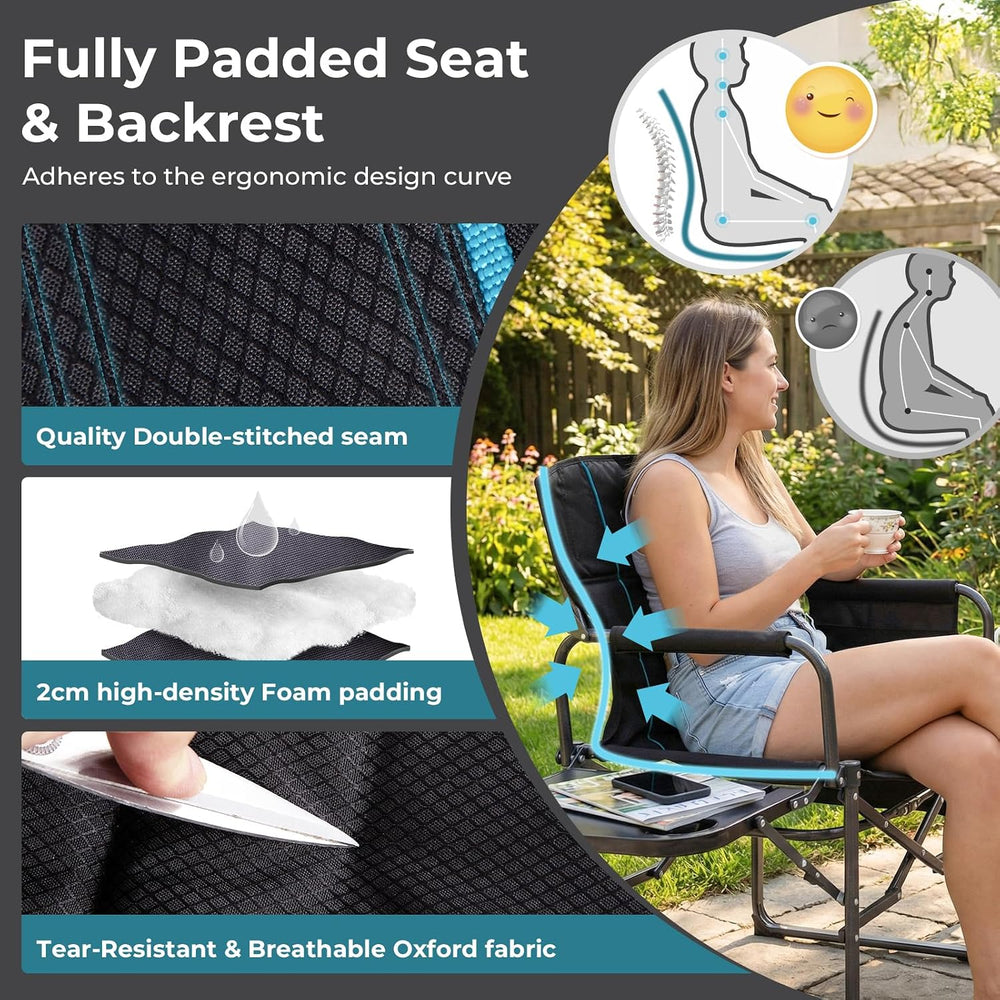 FUNDANGO Oversized Director Chair,Padded Camping Chair with Side Table