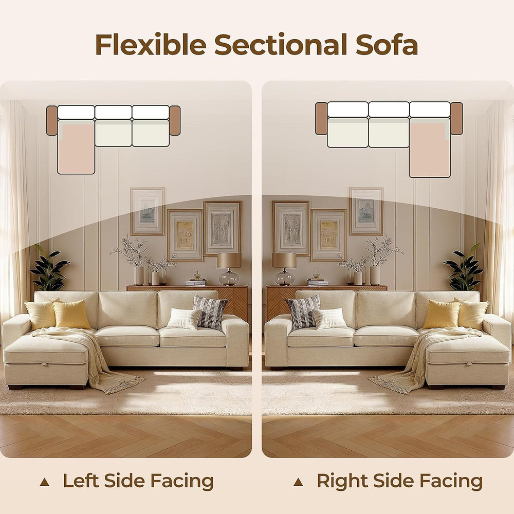 97in L-Shaped Sectional Sofa with Storage Chaise, 3-Seater Couch, Beige