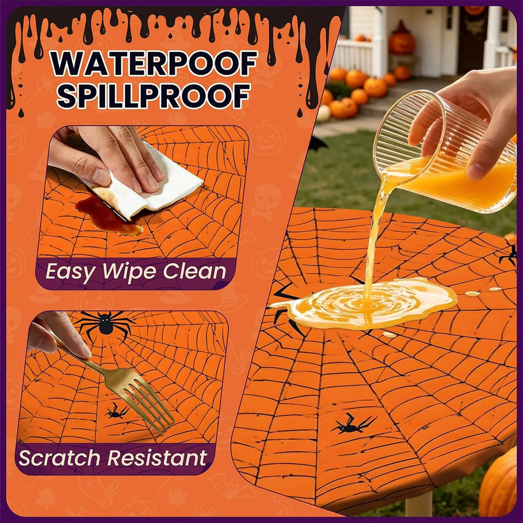 60 Inch Fall Round Waterproof Tablecloth for Dinner, Halloween Fitted Round Tablecloth with Elastic for Holiday