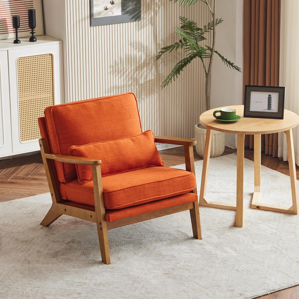 VINGLI Solid Wood Wide Armrests Accent Chair,Upholstered Mid Century Modern C...