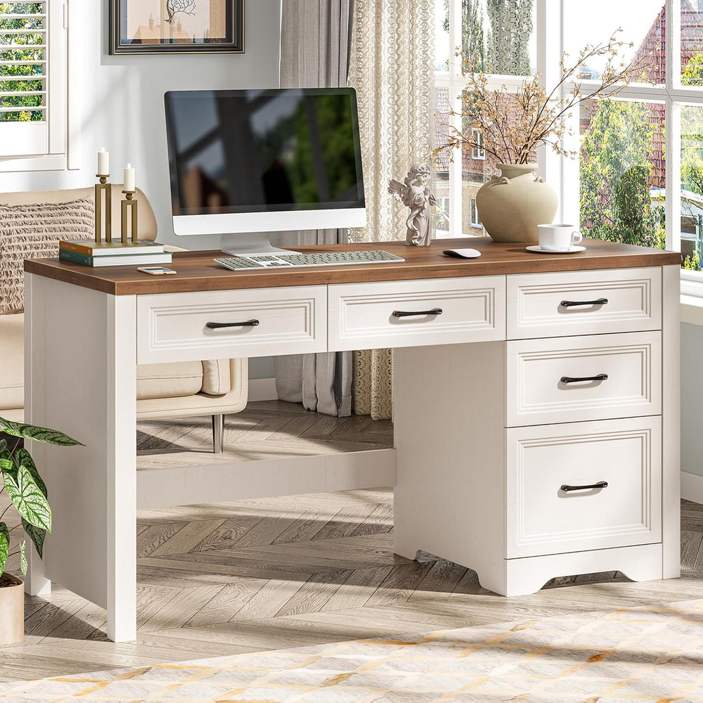 Vabches 55″ Farmhouse Desk with 5 Storage Drawers, Unique White