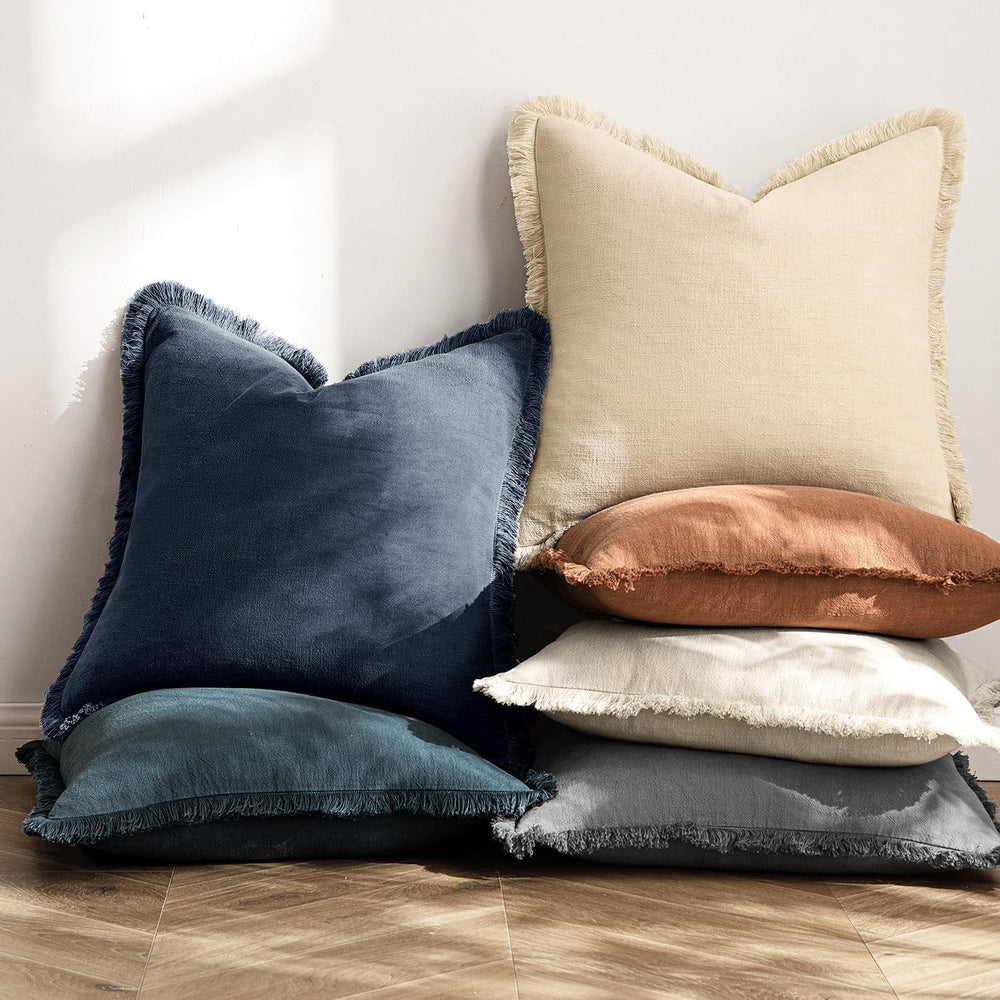 MIULEE Boho Linen Fringe Decorative Throw Pillow Covers Indigo Blue 20x20