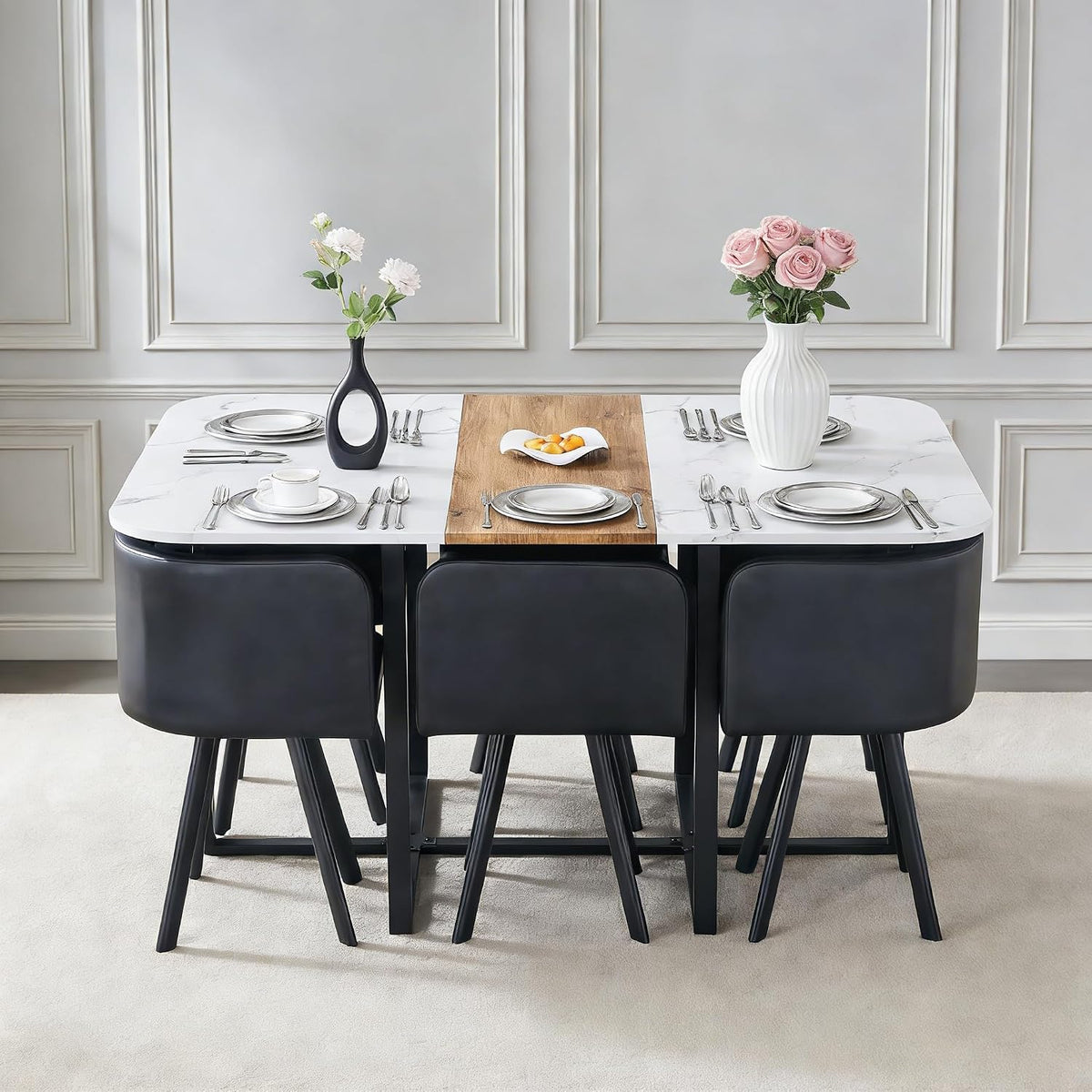 7-Piece Dining Table Set for 6,Modern Dining Table Set for 6 with Cushioned Chairs,59" White Kitchen Table Set for Home, Apartment,Office,Conference Room,Small Spaces, Space-Saving