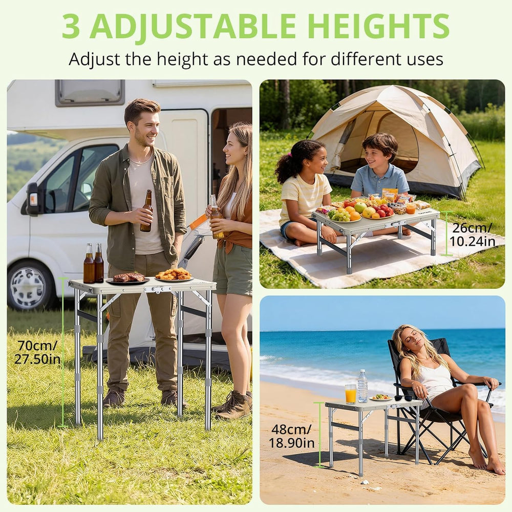 2ft Plastic Folding Camping Table, 3 Adjustable Height Waterproof Small Foldi...
