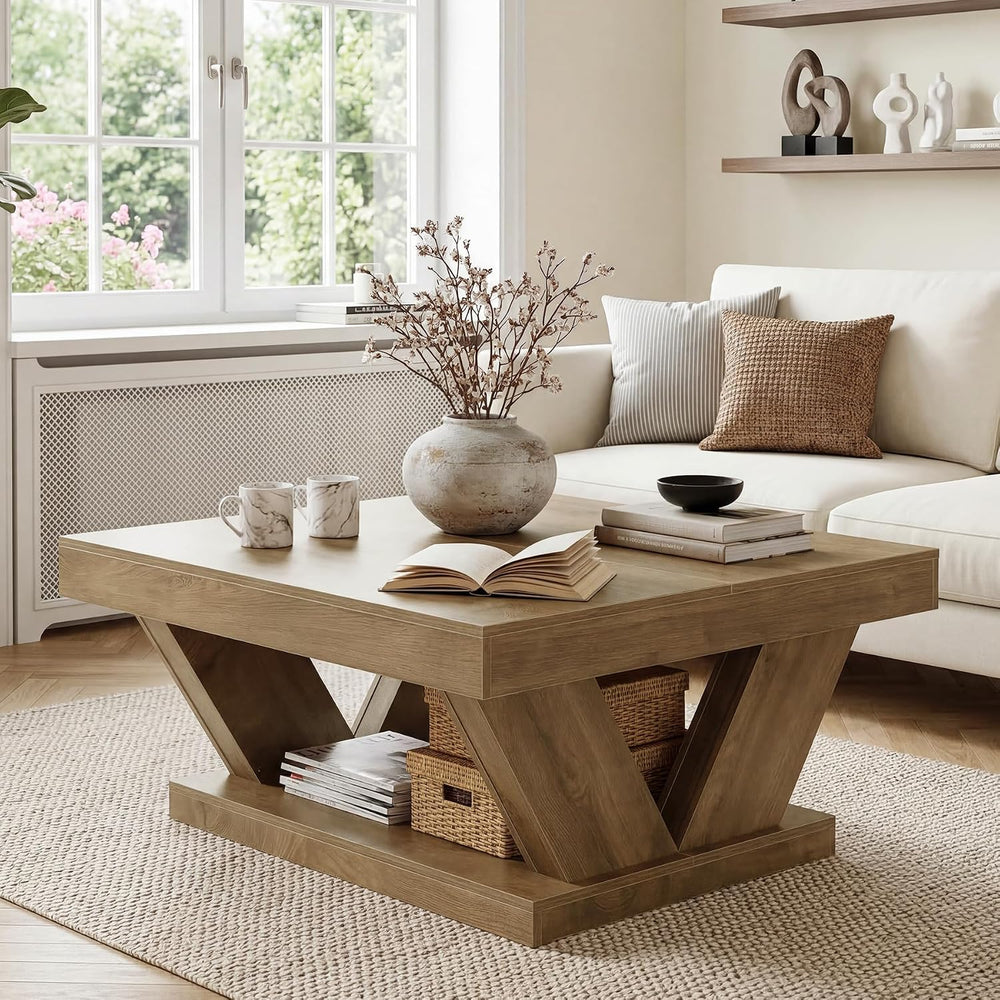 LITTLE TREE Coffee Table, Farmhouse Coffee Table with Large Storage Shelf, 2-...