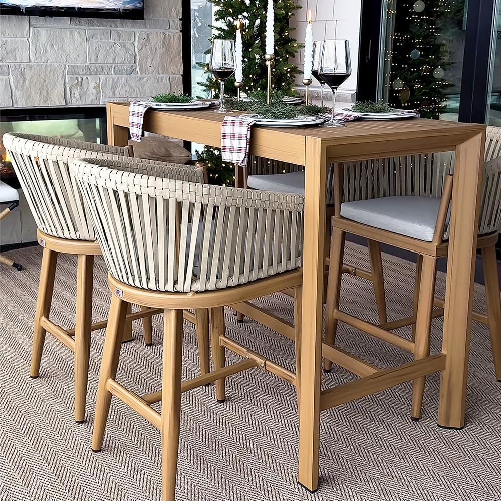 PURPLE LEAF Outdoor Patio Counter Stool Set of 2 Woven Rattan Teak Aluminum