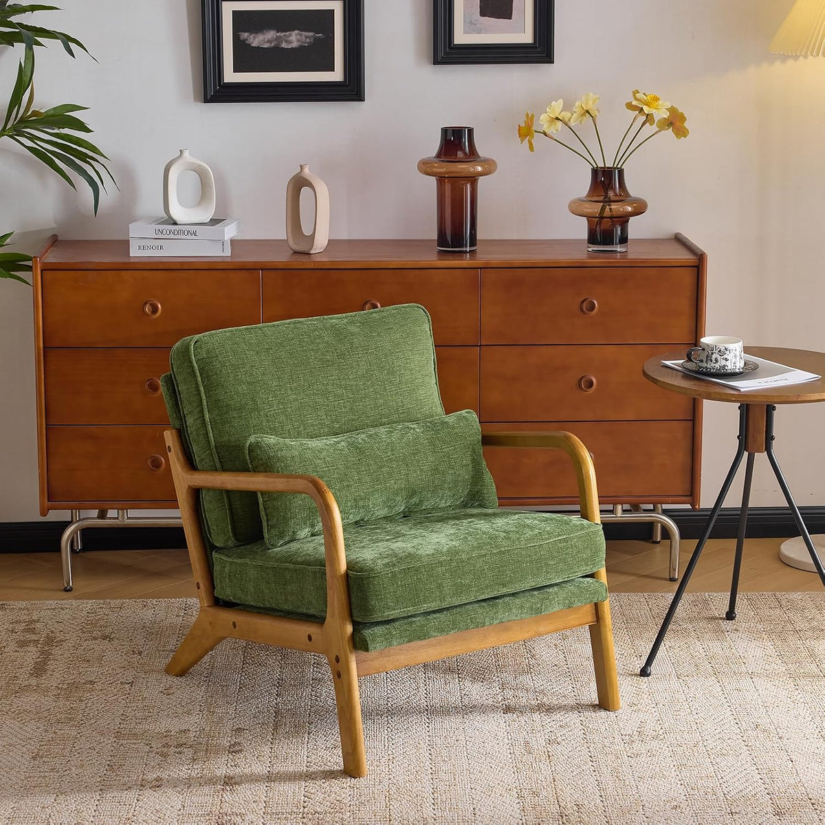 VINGLI Chenille Mid-Century Modern Accent Chair, Cute Reading Arm Chair with Cushion & Lumbar Pillow & Solid Wood Frame for Lounge, Living Room, Reading Room, Bedroom, Olive-Green
