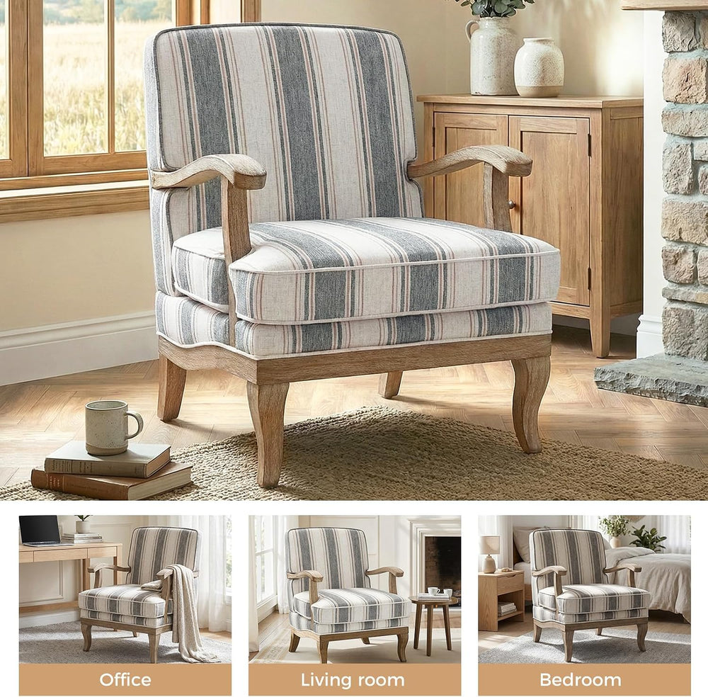 HULALA HOME Farmhouse Striped Accent Chair with Solid Wood Legs, Dark Grey