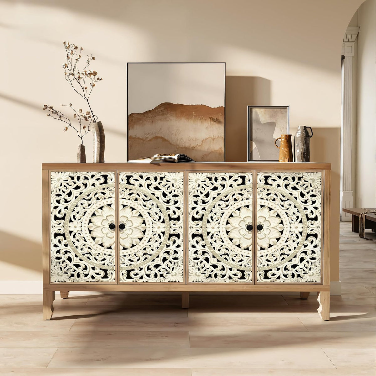 59" Solid Wood Buffet Cabinet, Accent Cabinet with 4 Carved Doors