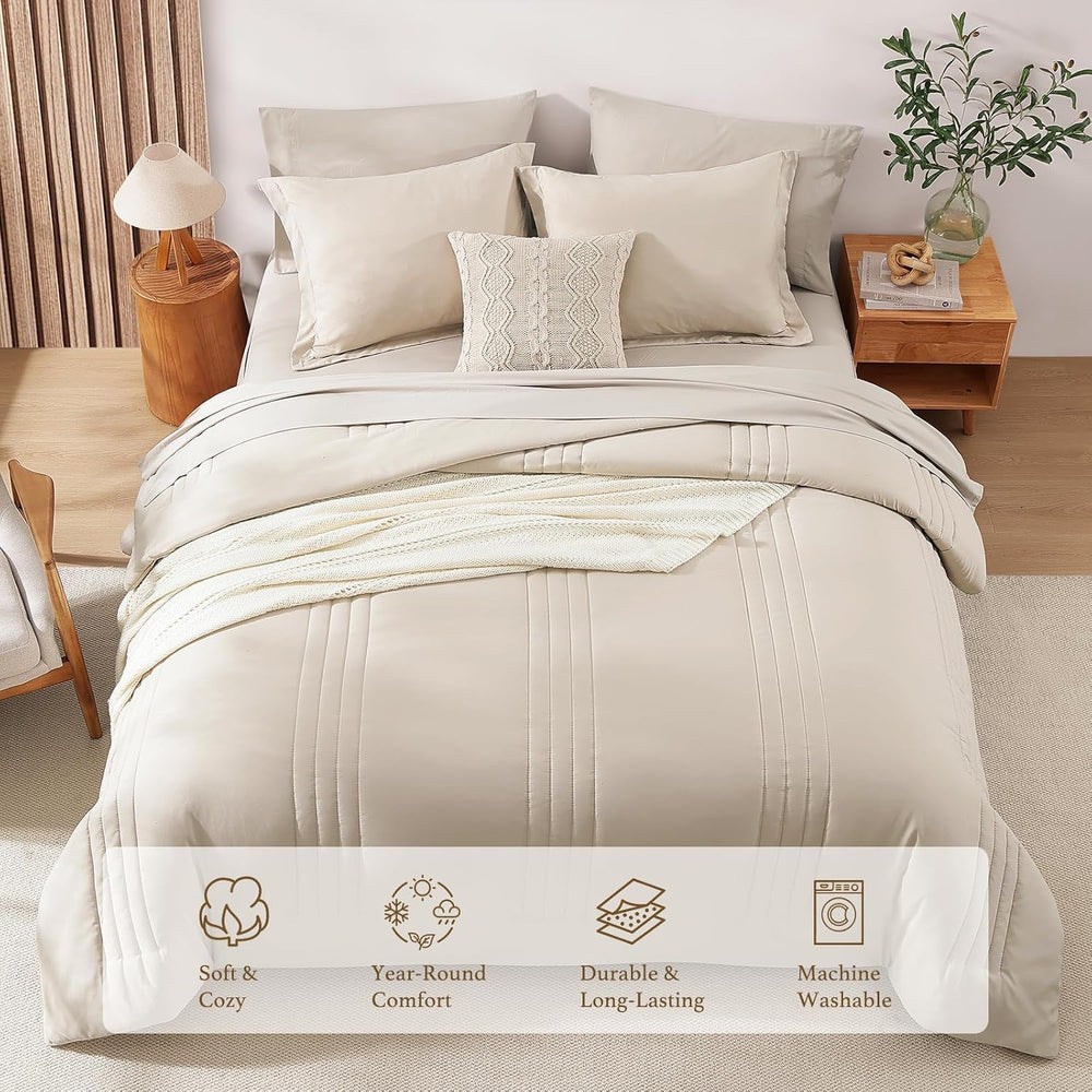 Full Size Comforter Sets-7 Pieces Beige Soft Bed in a Bag Full Bedding Sets