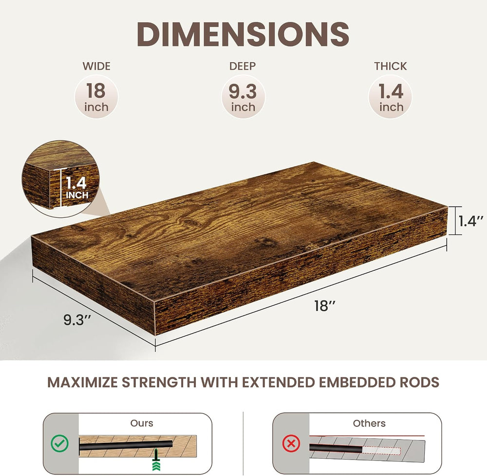 Floating Shelves for Wall,18 Inch Rustic Brown Wall Shelves Set of 2,9.3&quot...