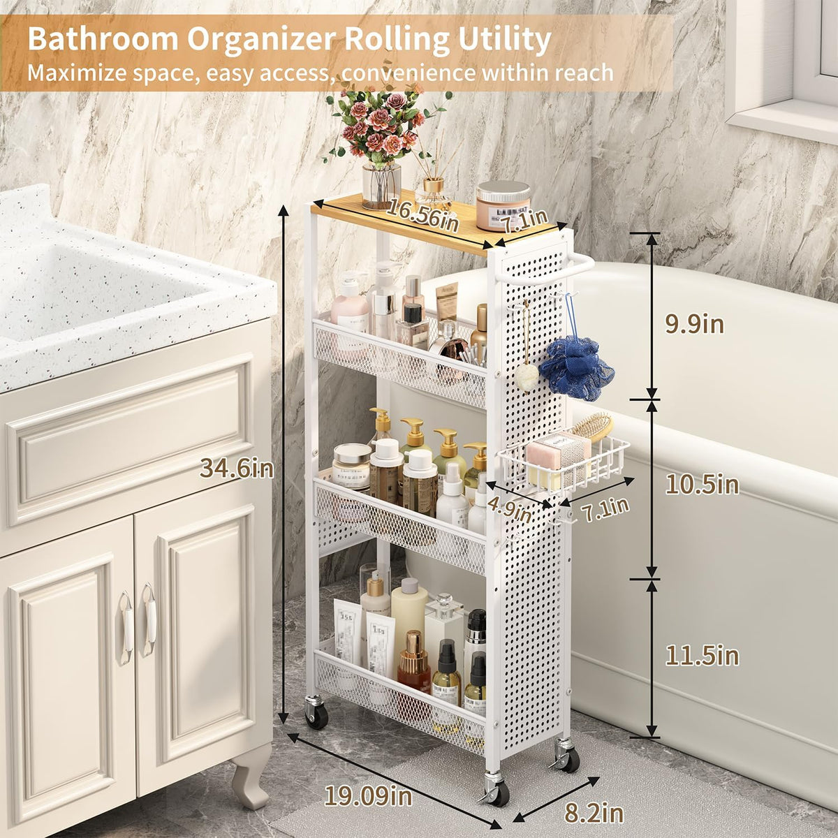 Slim Storage Rolling Cart: 4-Tier Narrow Metal & Wood Utility Cart with Wheels for Kitchen/Laundry/Bathroom(White)