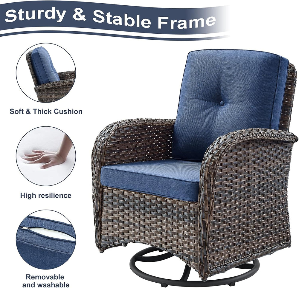 HUMMUH 6 Piece Wicker Patio Set, Swivel Rockers & Glider, Brown/Blue