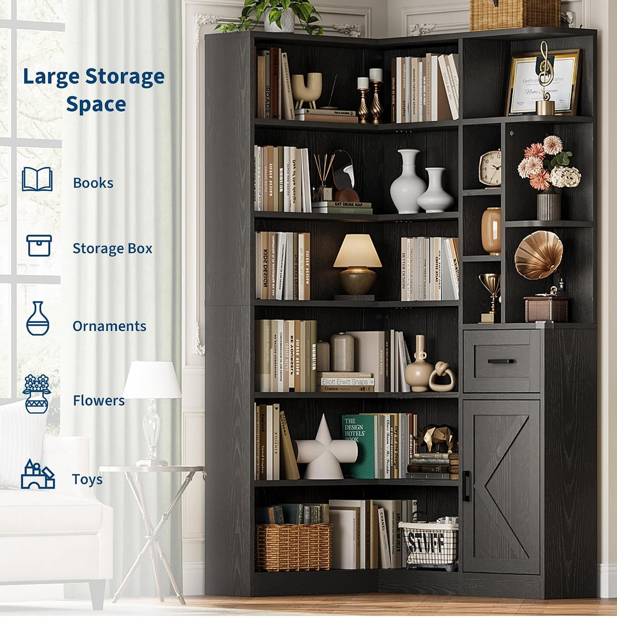 Garvee 74'' Tall Corner Bookshelf - 6-Tier Book Shelf with Drawer and Cabinets, l-Shaped Bookcase Open Storage Shelves Modern Display Shelf for Home, Office