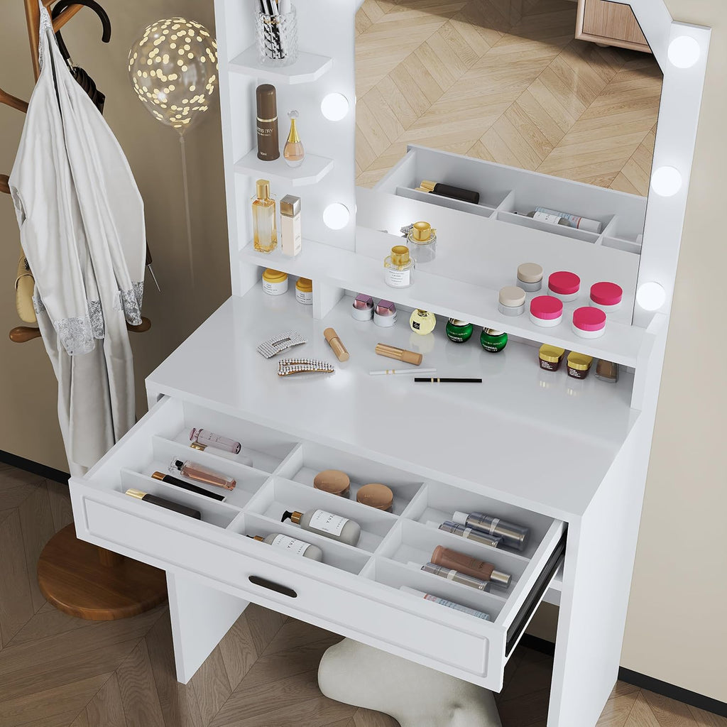 Makeup Vanity with Mirror with Lights for Girls White Lighted Vanity Desk Small Makeup Vanity Table Set with Storage Drawers 3 Lighting Modes & Adjustable Brightness