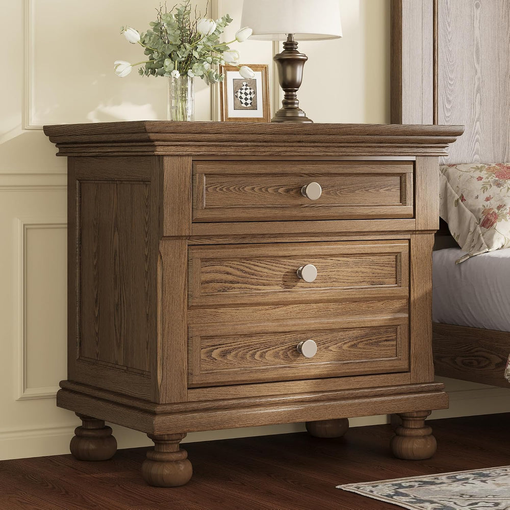 AMERLIFE Solid Wood 3-Piece Set, King Bed & 2 Nightstands, Light Brown