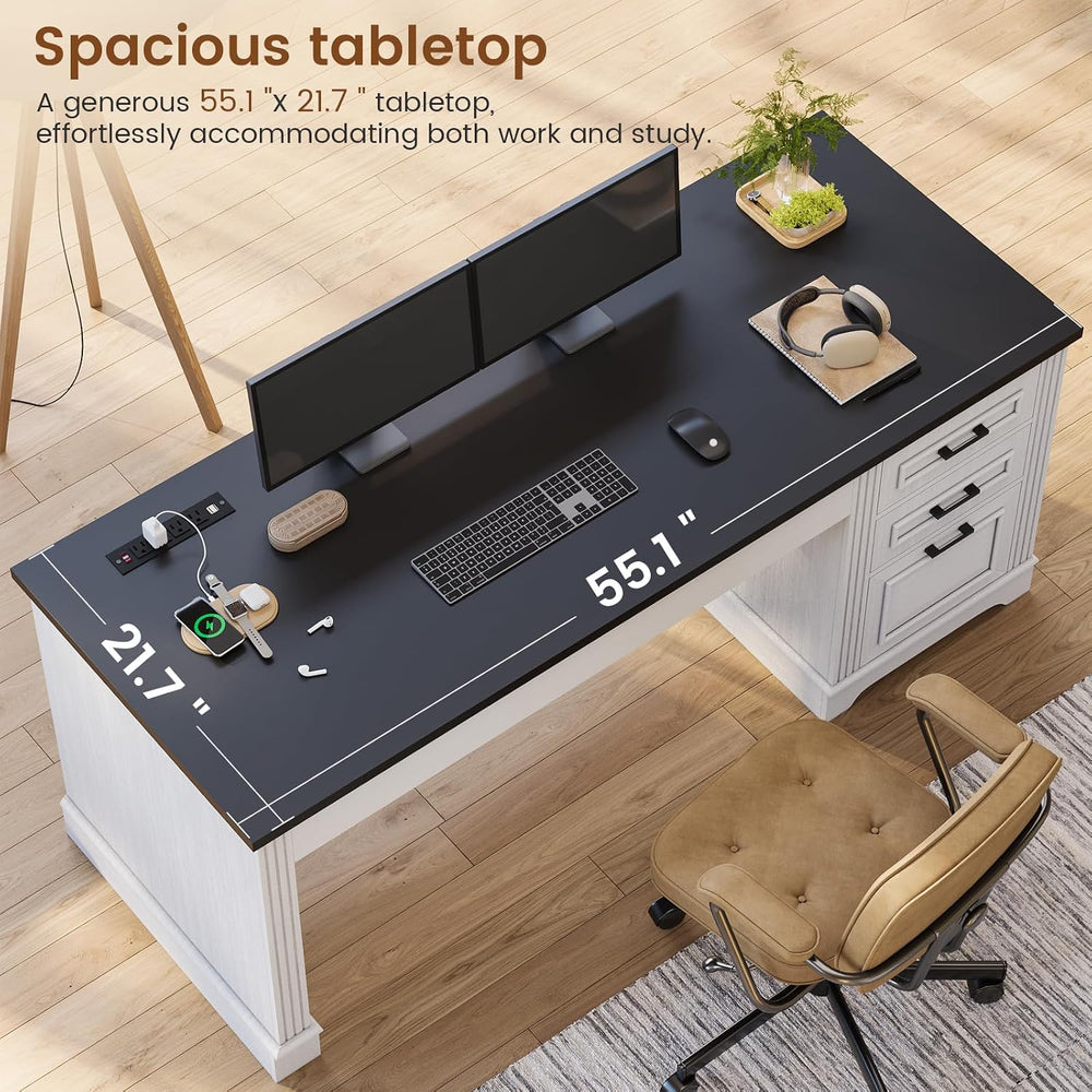 Itaar Farmhouse 55" Executive Desk, Computer Desk with Storage Drawers a...