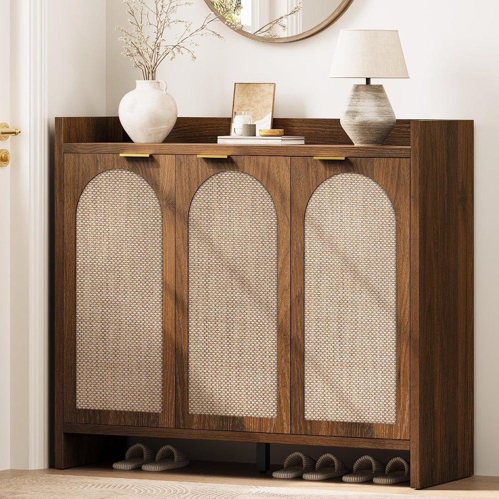 Shoe Cabinet Storage for Entryway - Rattan Accent Cabinet with 3 Doors & ...