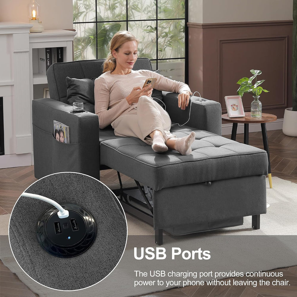 36" 3-in-1 Sleeper Chair, Convertible Pull Out Sofa Bed, Dark Gray Linen