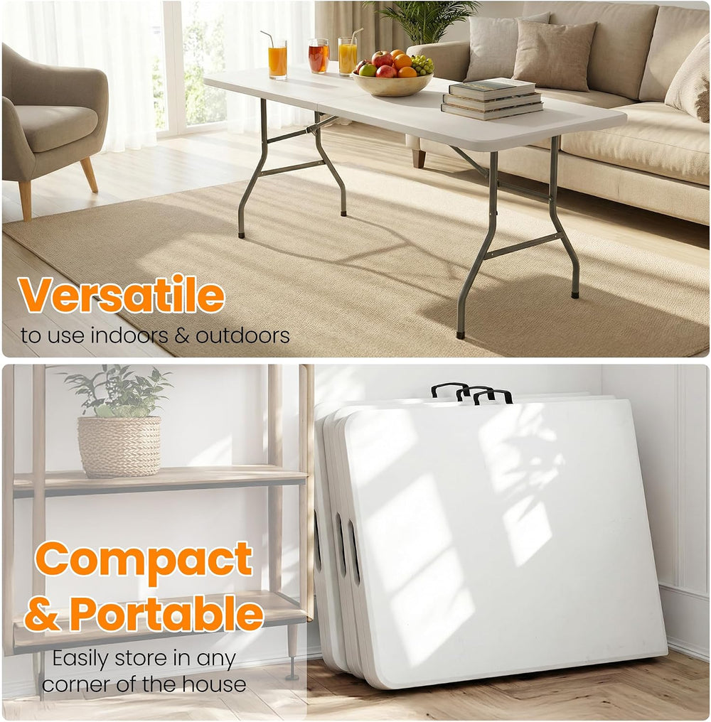 SEALAMB 6FT Portable Plastic Folding Table,Heavy Duty,Fold-in-Half,White