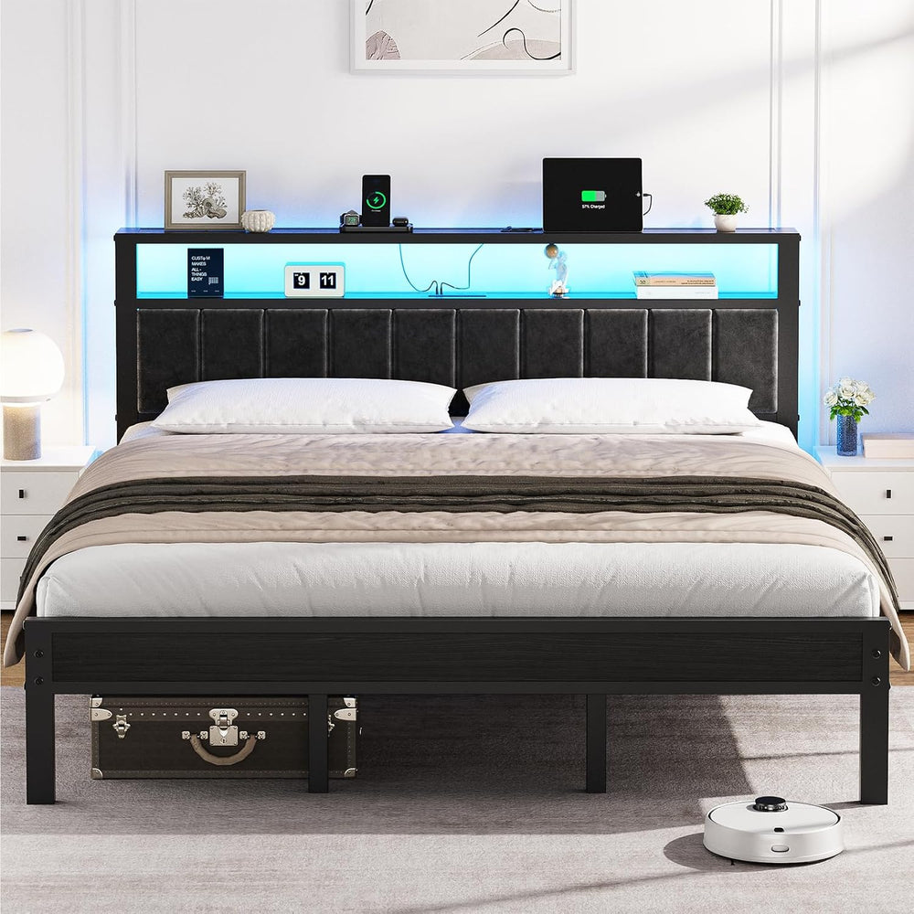 OLEVS King Bed Frame with Charging Station & LED Lights Modern Platform Bed