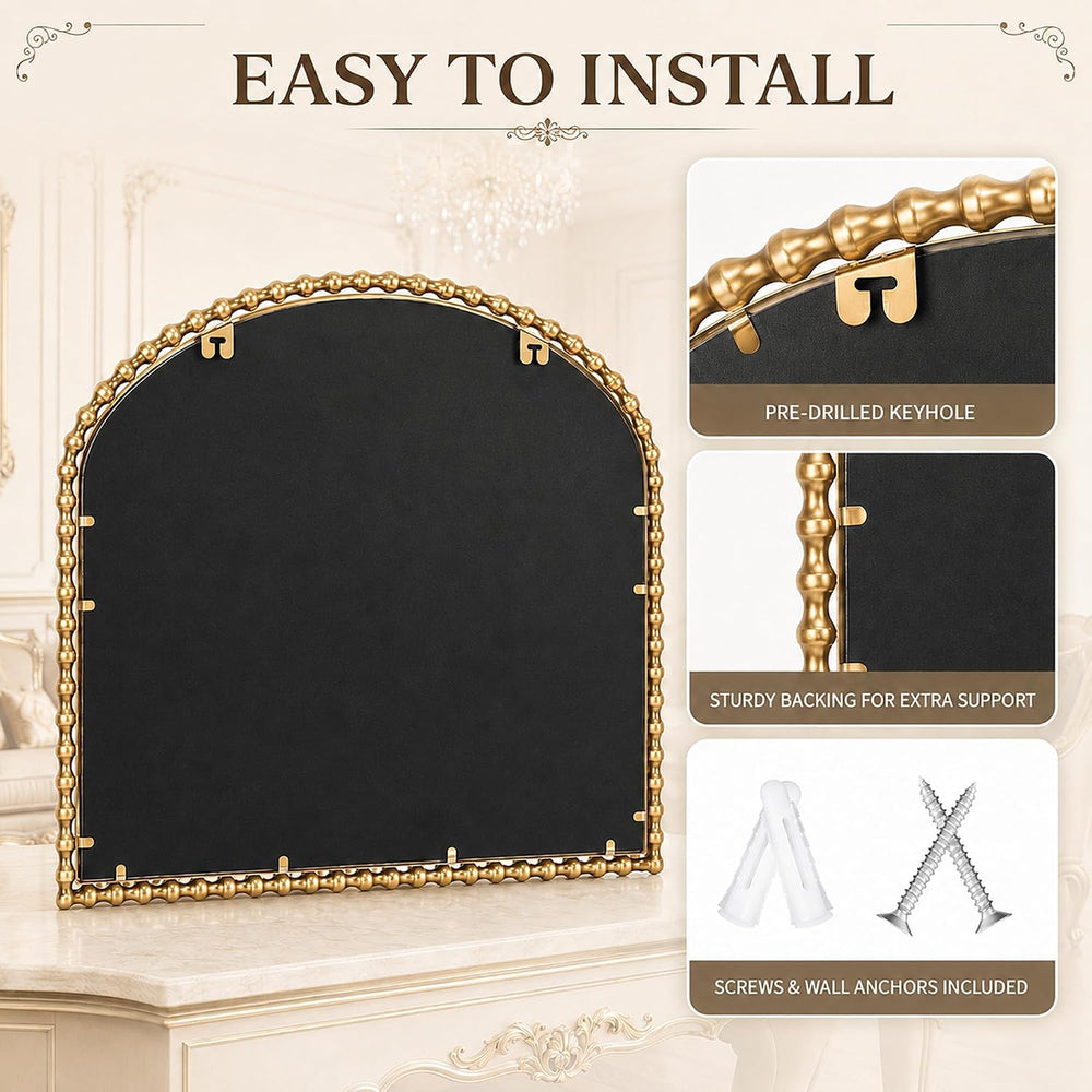 36"x28" Wide Arched Wall Mirror, Antique Gold Bold Beaded Frame