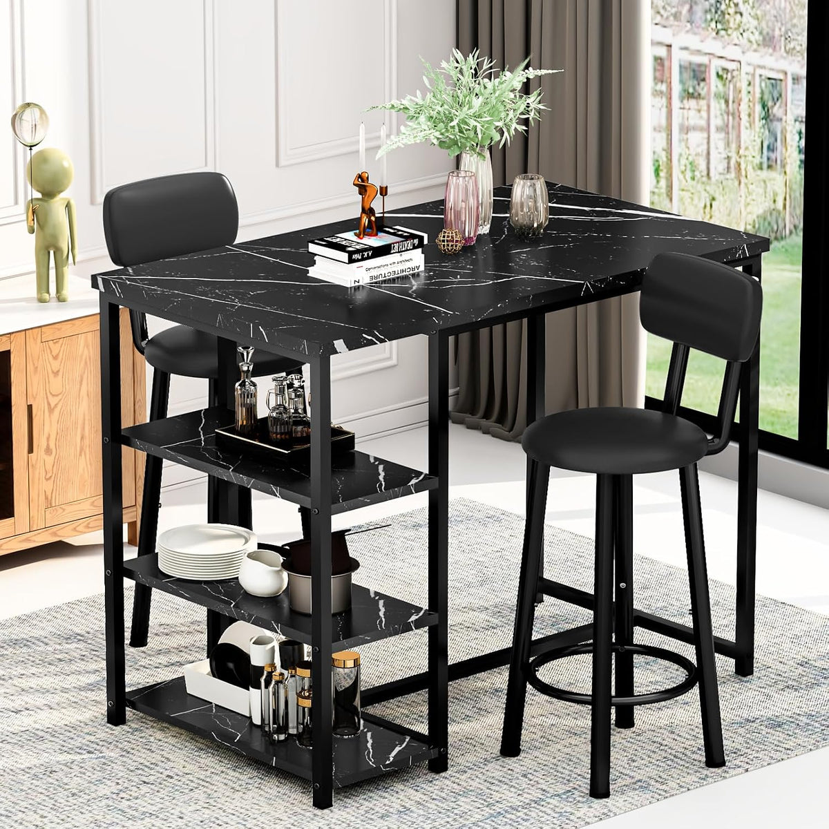 Kitchen Dining Table Set for 2, Bar Table and Chairs Set with 3 Storage Shelves, Tall Dining with 2 PU Leather Backrest Stools for Small Space, Kitchen Island, Apartment, Black