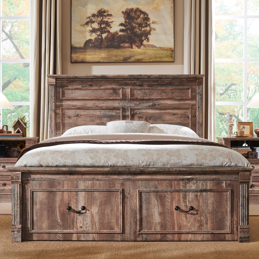 Aitjunz Farmhouse Queen Size Bed Frame w/51 Tall Headboard, Light Brown