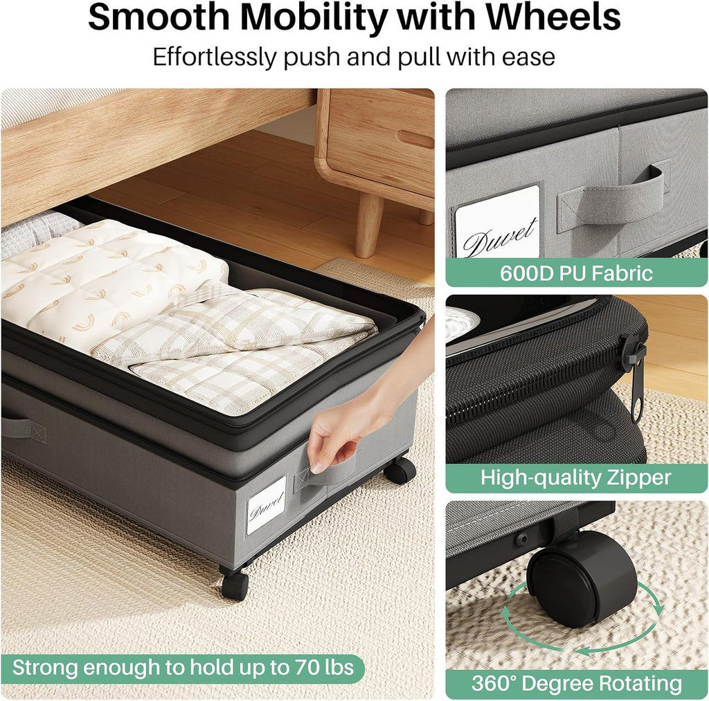 Kitstorack Under Bed Storage with Wheels 2Pack Height-adjustable Under Bed Storage Containers,Under Bed Shoe Storage Organizer with Clear Window&Label, Suitable for Clothes Storage, Gray