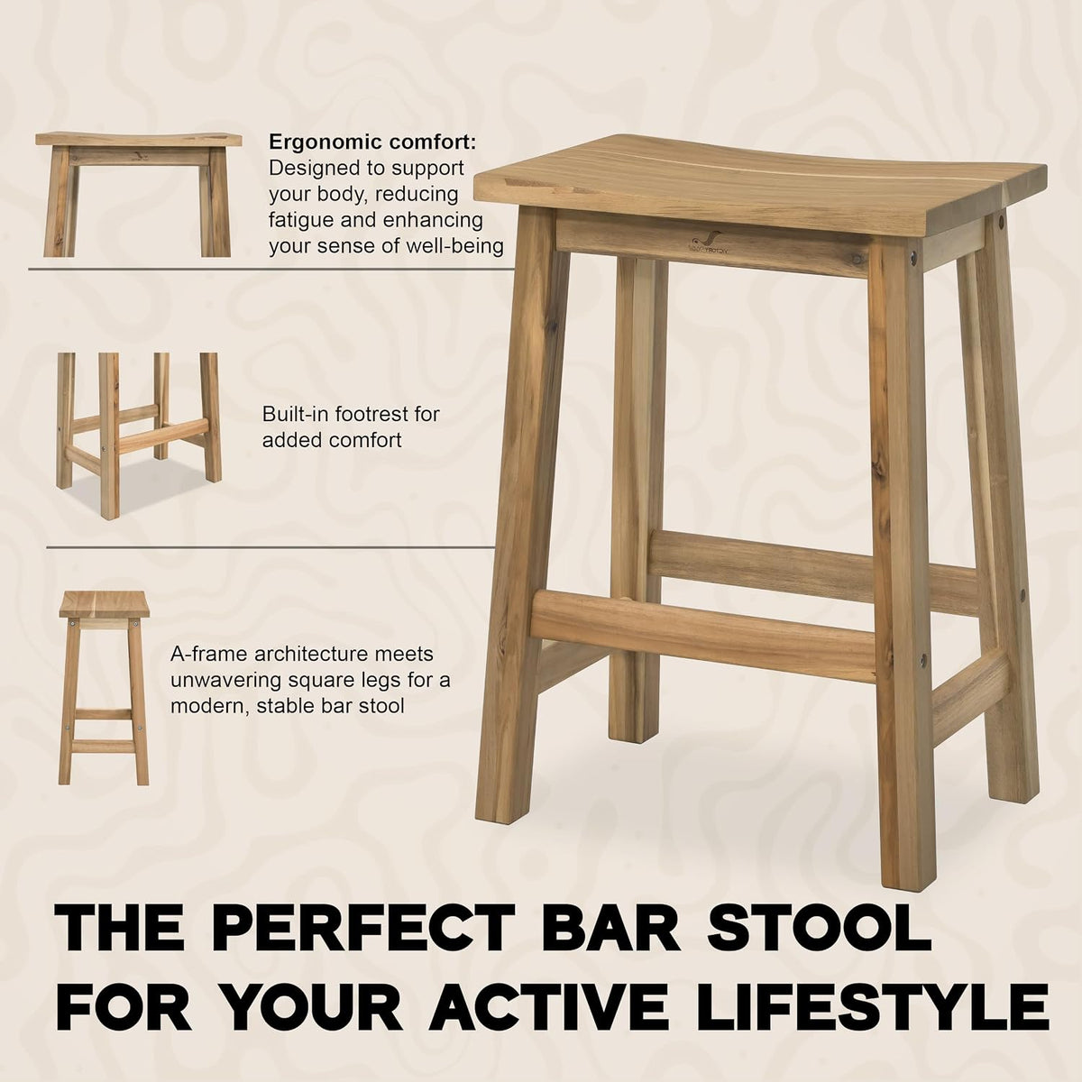 VICTORY RELAX Wooden Counter Stool - Set of 2 Backless Design with Ergonomic Saddle Seat - Light Natural Acacia Wood Kitchen & Bar Stool - Space-Saving Seating & Decor, 24 Inch Height