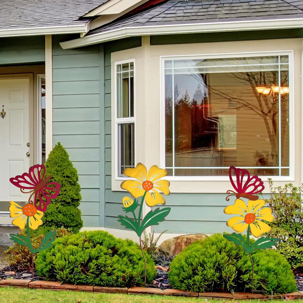 3-Pack Metal Flowers for Outside, 30-Inch Metal Yard Art
