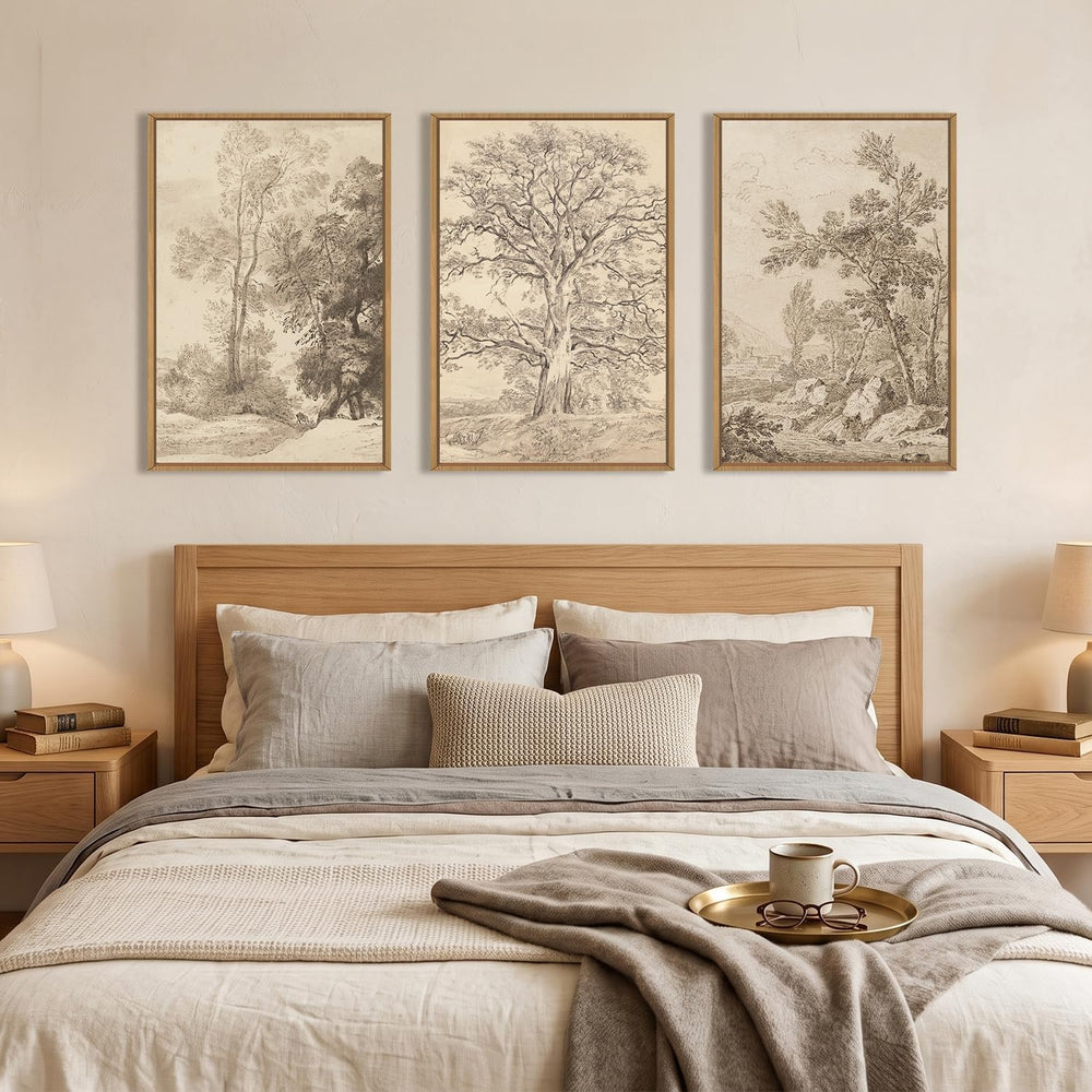 Ausril Large Vintage Tree Sketchbook Framed Canvas Wall Art Set -24"x36&...
