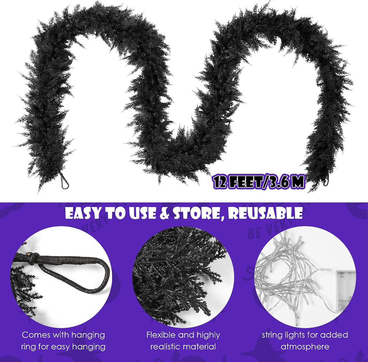 Fovths 12 Ft Pre‑Lit Black Halloween Garland, Artificial Cedar Vine Decor