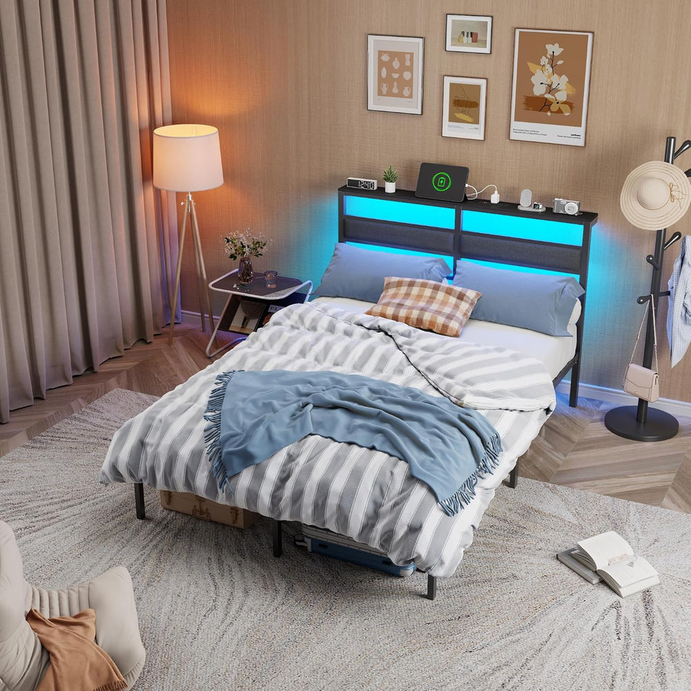 OURPIC Full Size Bed Frame with LED Lights & Charging, Black Platform Bed