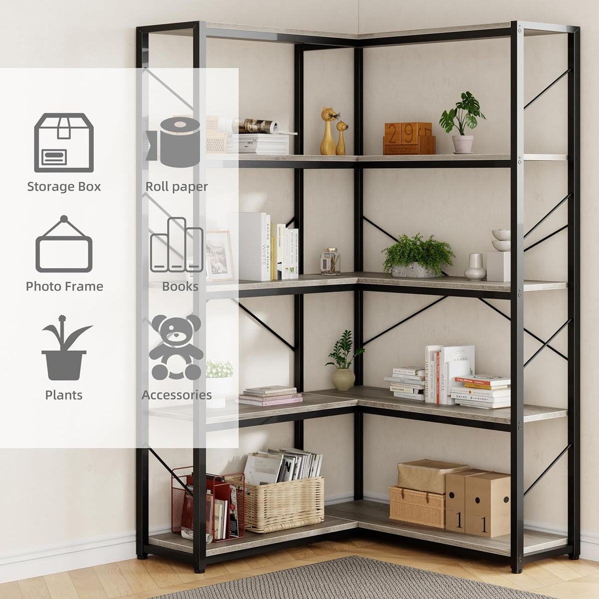 Shintenchi 5 Tier Corner Bookshelf, L Shaped Large Bookcase, Grey