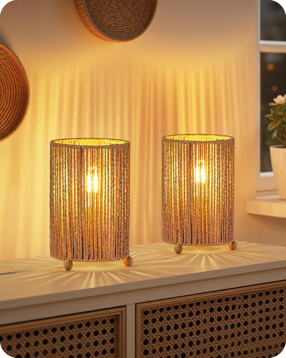 Small Rattan Table Lamps Set of 2, Boho Bedside Lamps Set of 2, Handwoven Pap...