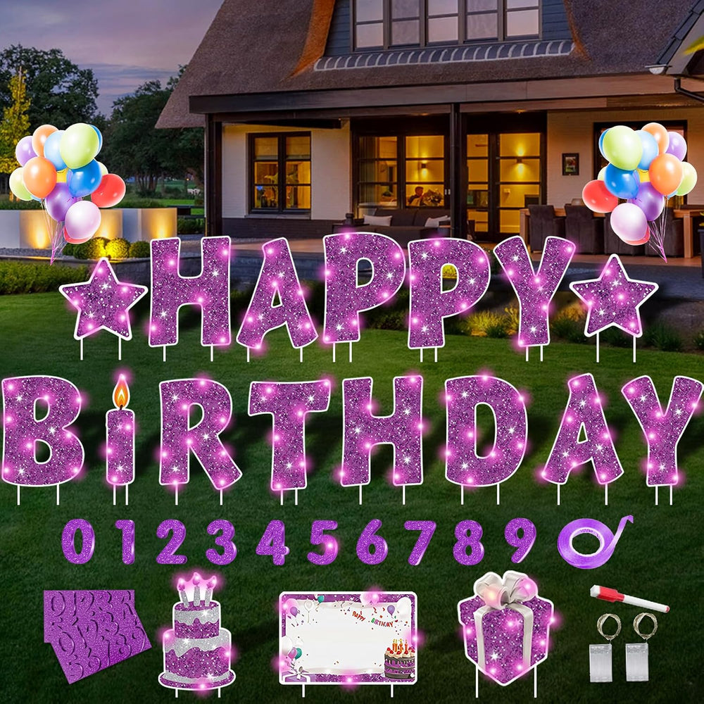 18Pcs Happy Birthday Yard Sign with Stakes,Led Light,16" Lawn Decor