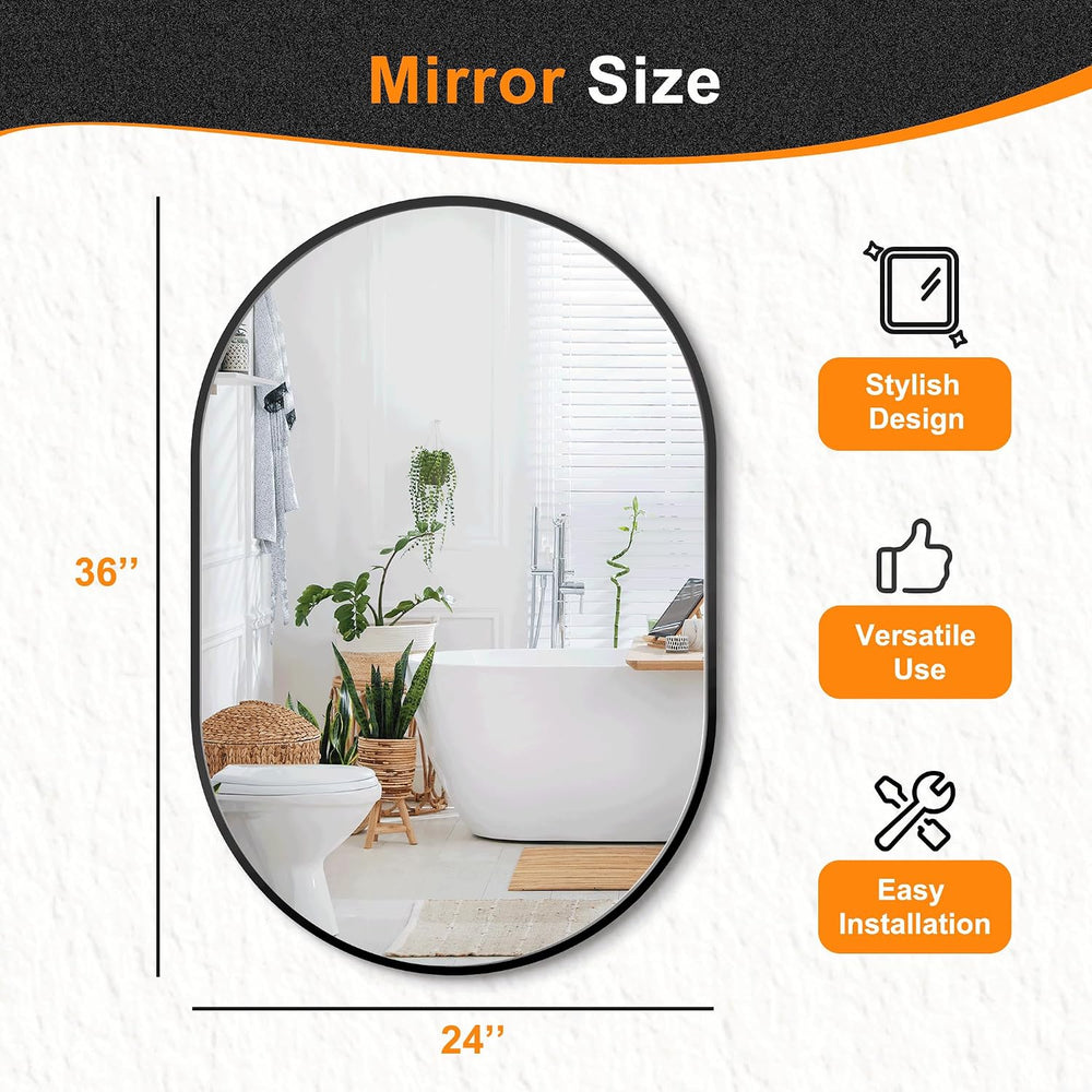 Delma 36x24 Black Oval Bathroom Mirror for Over Sink, Aluminum Frame