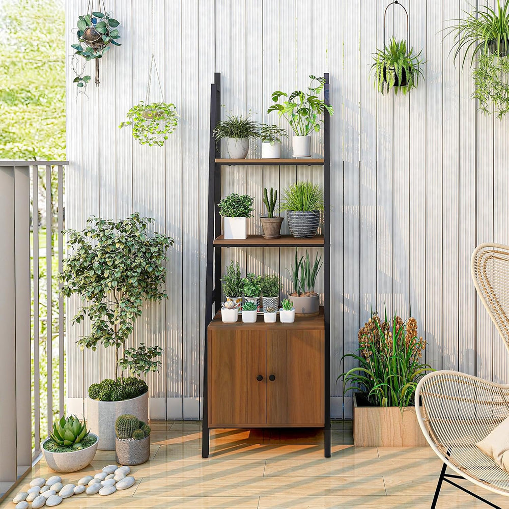Tangkula 4-Tier Ladder Shelf, Industrial Bookshelf w/Cabinet, Rustic Brown