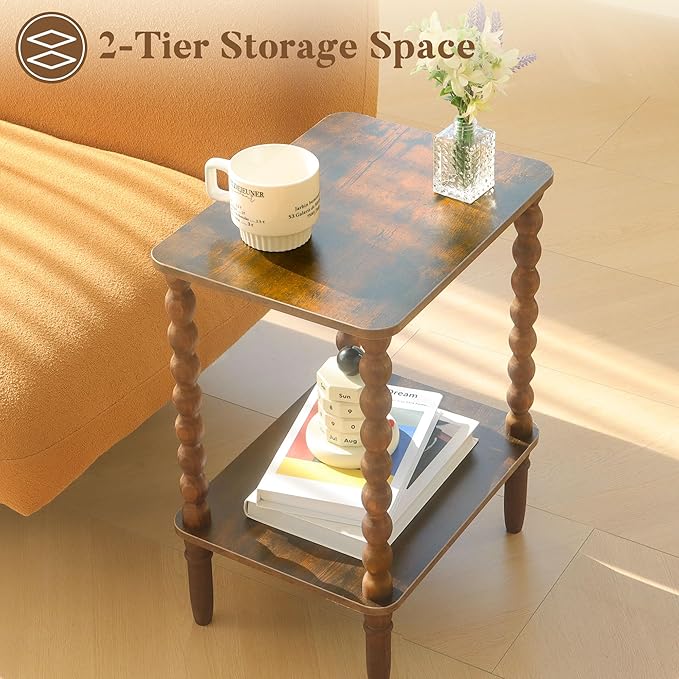 Side Table, Small End Table with Storage Shelf, 2-Tier Small Coffee Tables Living Room for Bedroom, Narrow Spaces (Rustic Brown)