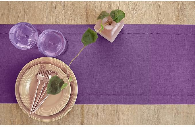 Solino Home Linen Purple Table Runner 108 Inches Long - 100% Pure Linen Hemst...