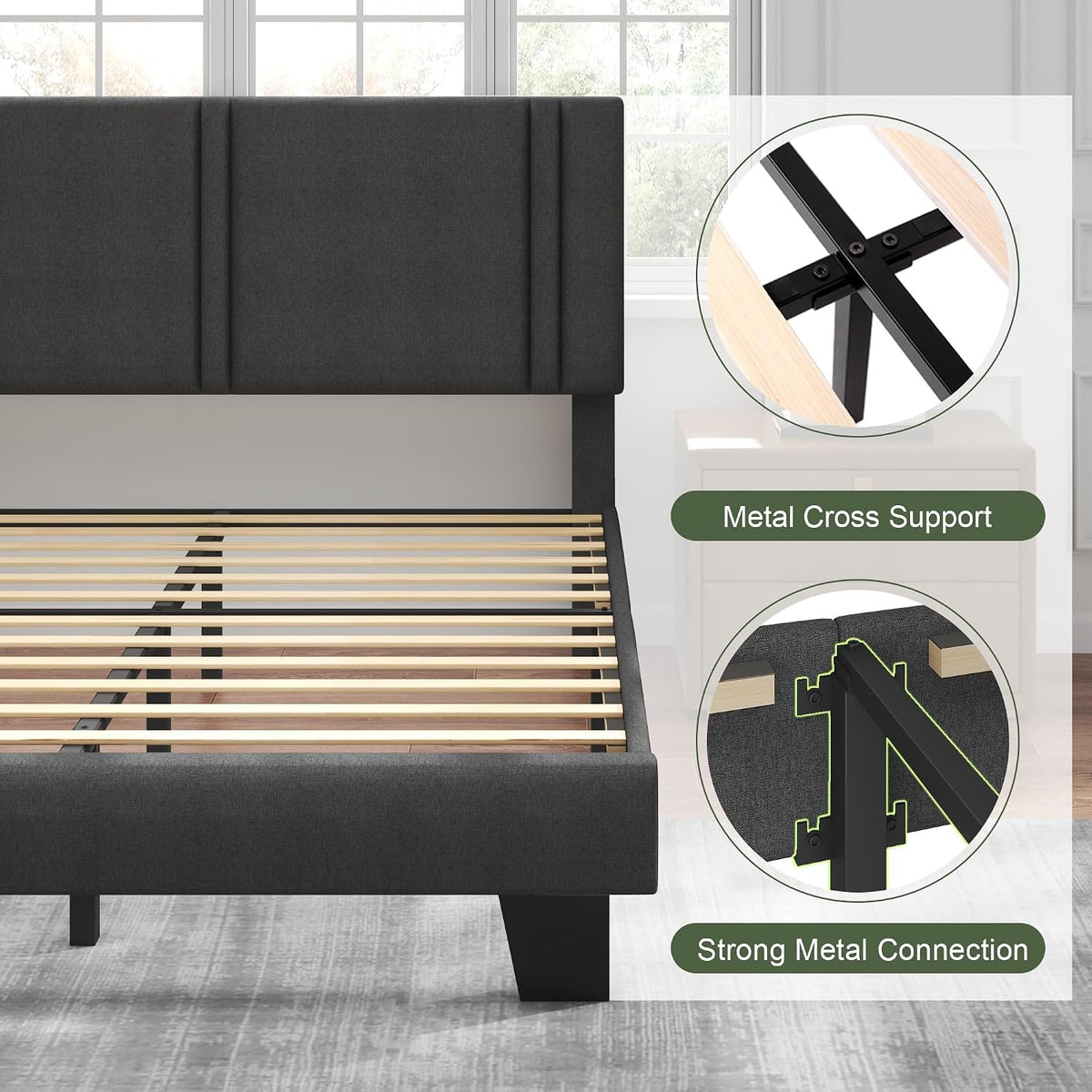 Feonase Full Size Platform Bed Frame, Fabric Upholstered Full Bed Frame, Solid Wood Slats & Heavy Duty Feet Support, No Box Spring Needed, Noise-Free, Easy Assembly, Dark Grey