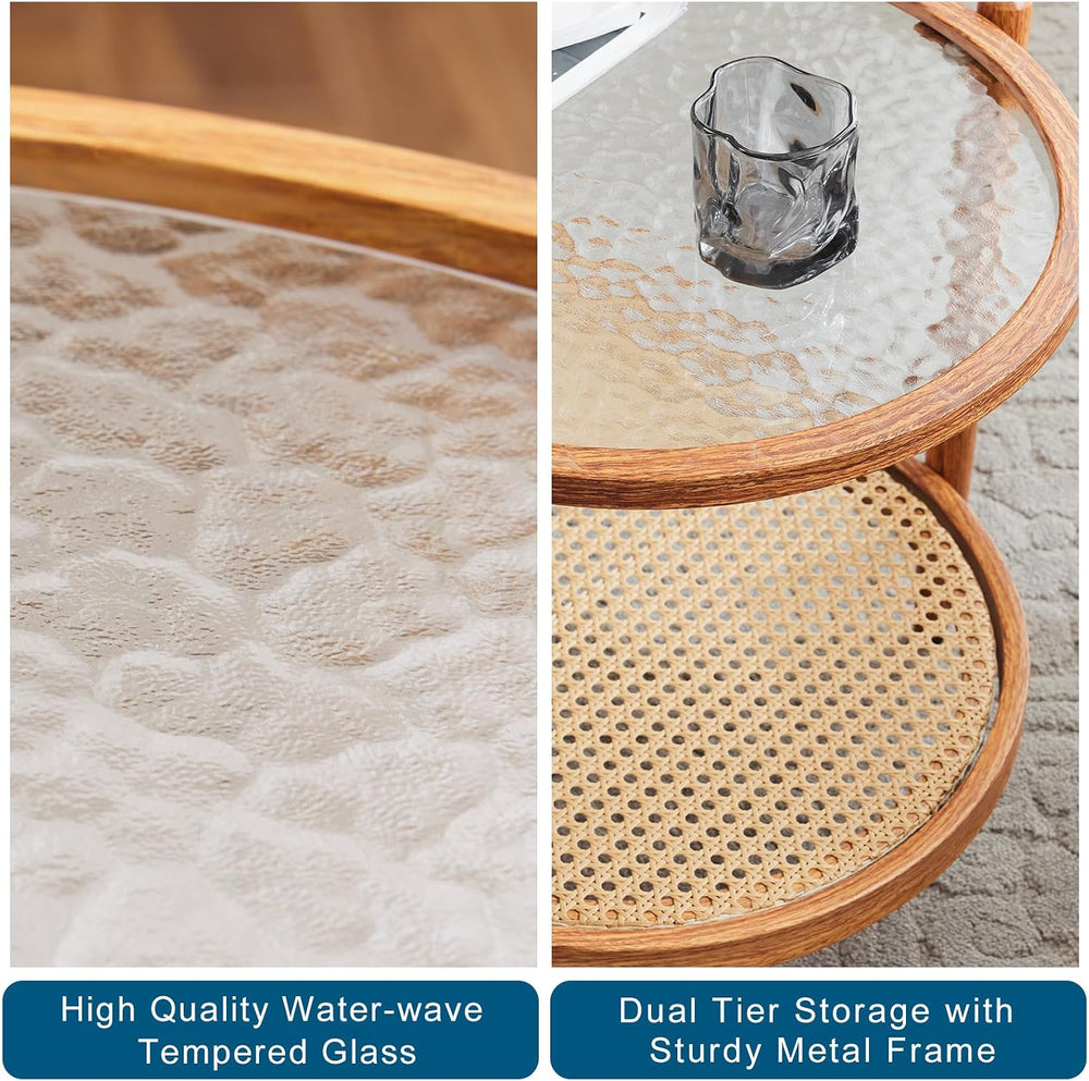 VINGLI 38" Oval Glass Coffee Table, Rattan Coffee Table, Natural Vibe