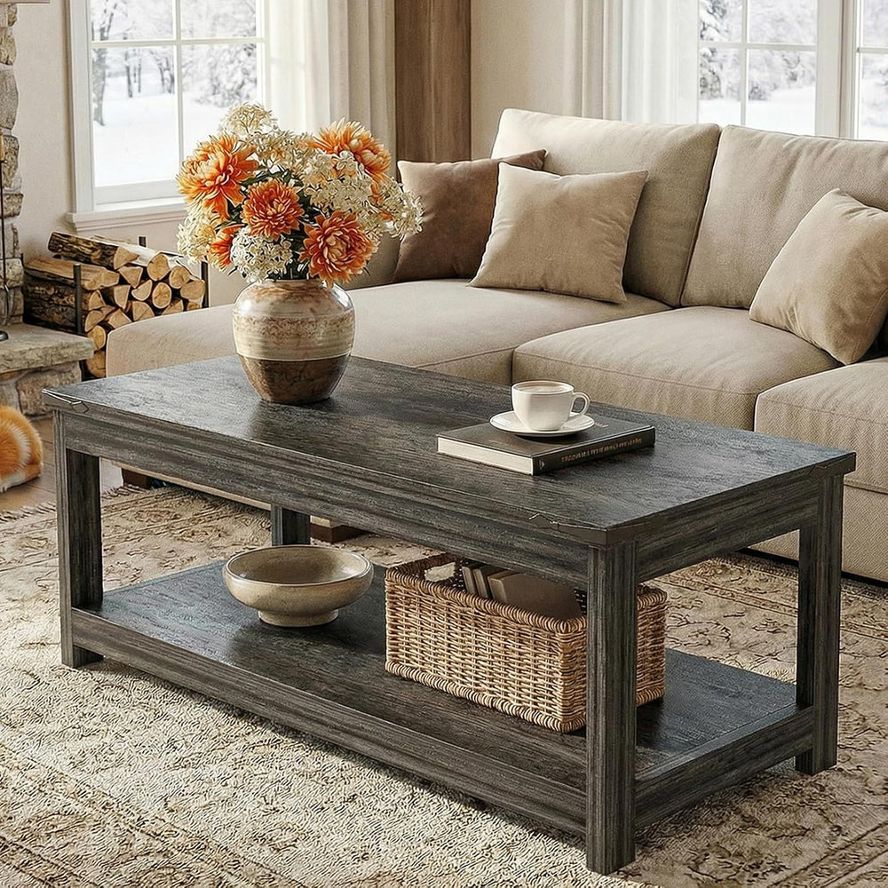 Homieasy 43.3” Farmhouse Coffee Table with Storage Shelf, Rustic Brown