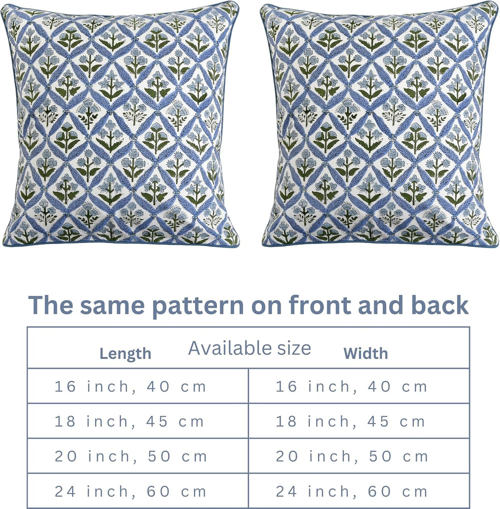 Ridhi Light Steel Blue Block Print Cotton Pillow Cover 18x18 Inch Set of 2